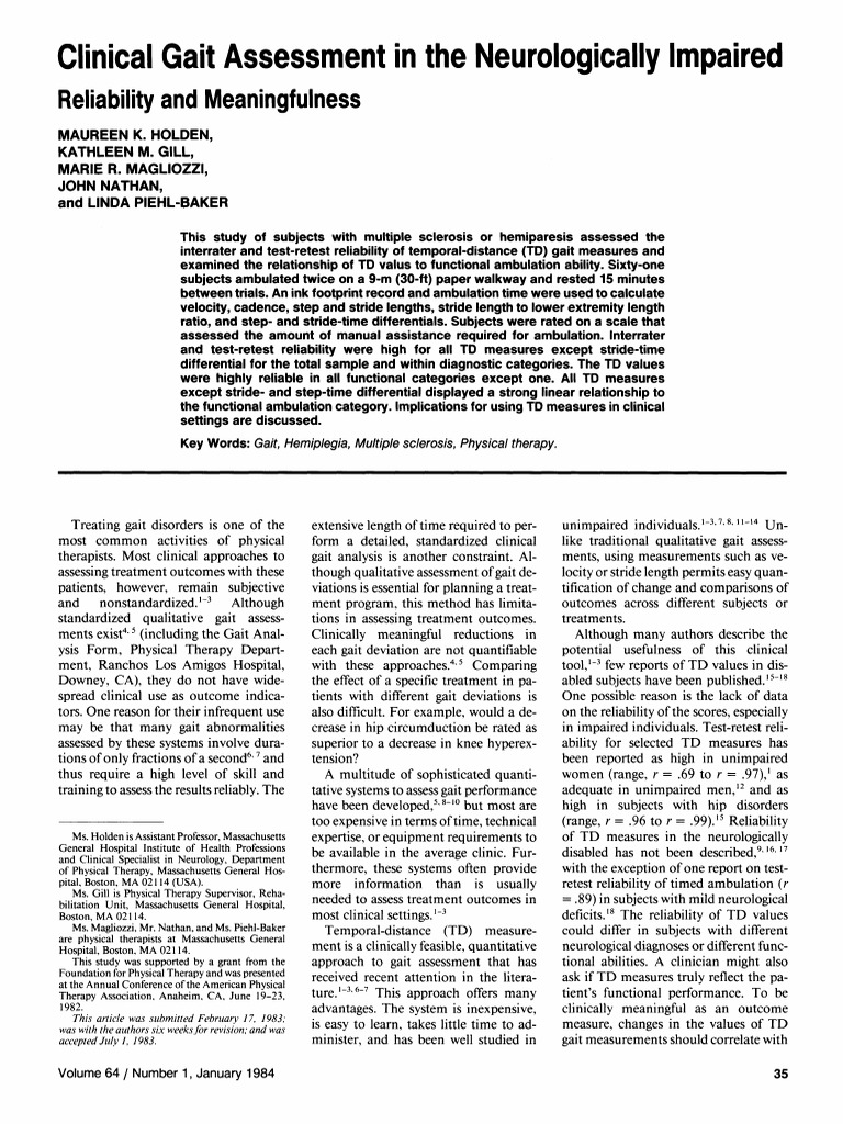 Clinical Gait Assessment in The Neurologically Impaired | PDF ...