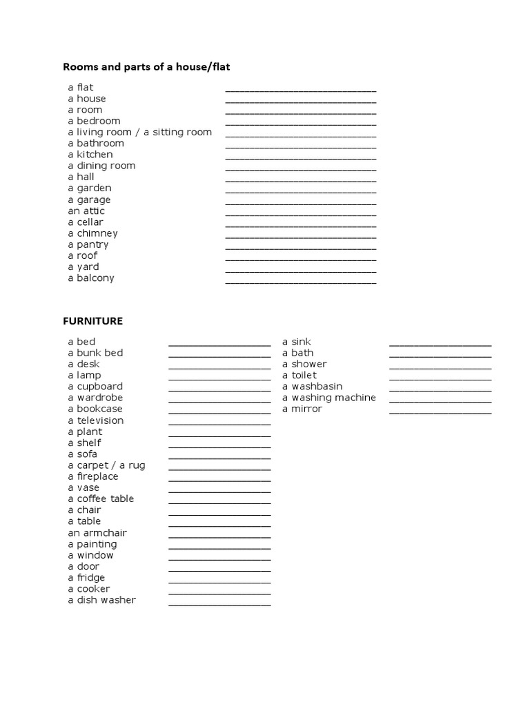 Rooms in House and Furniture Vocabulary Translation Exercises Writing