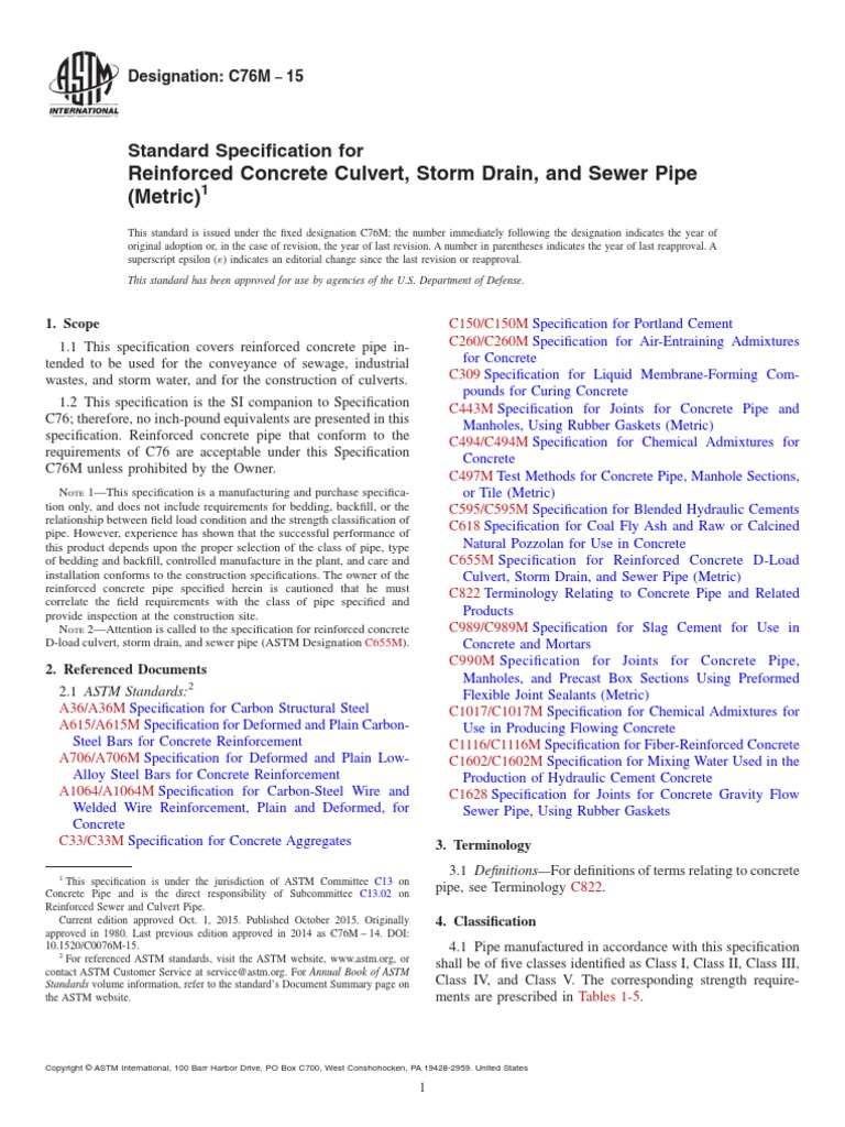 C 76M - 15 PDF | PDF | Concrete | Pipe (Fluid Conveyance)