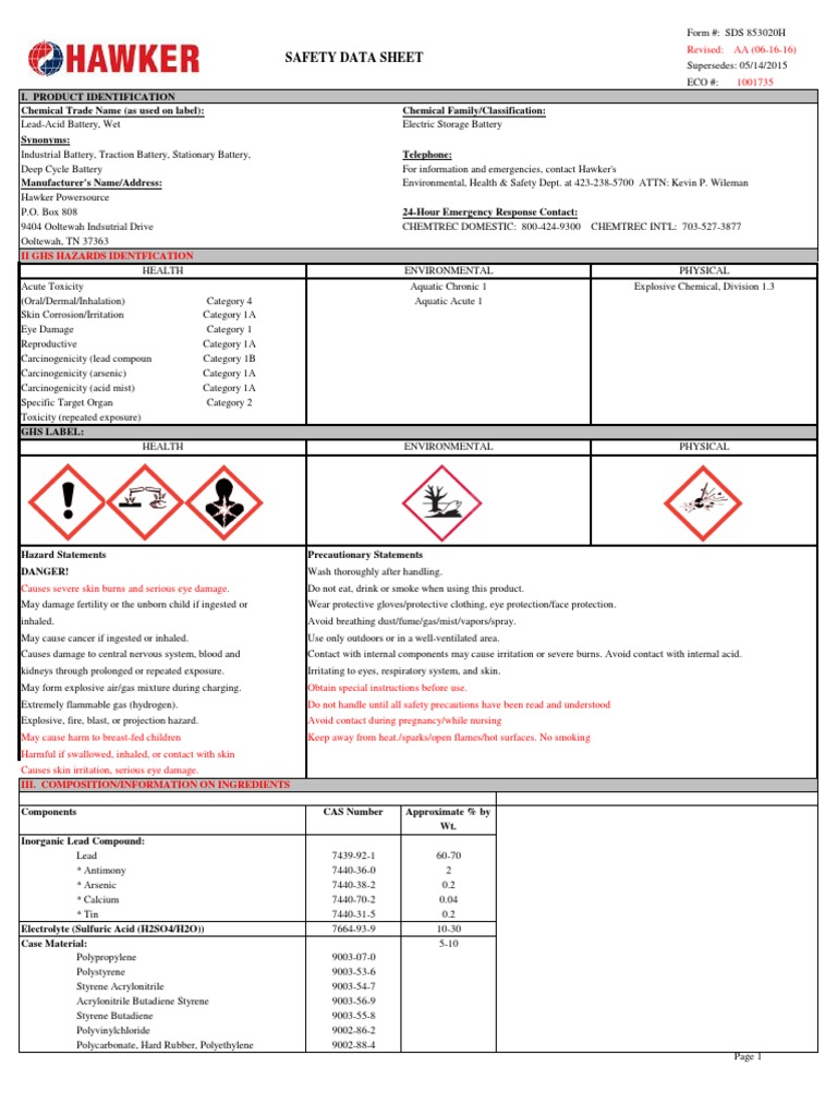 SDS 853020H Lead Acid Battery 616 PDF Dangerous Goods Lead