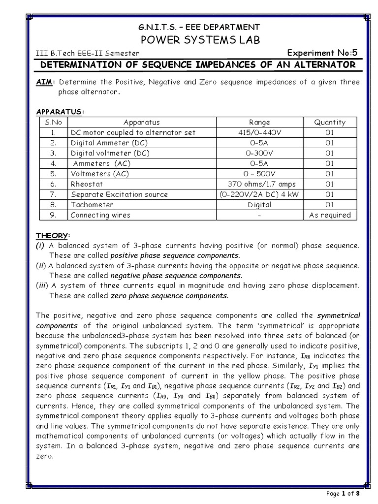 Sequence Impedances of An Alternator PDF Electrical Impedance Force