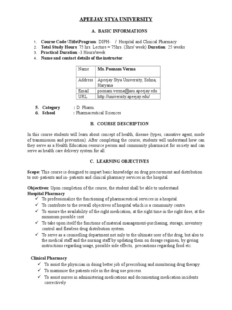 Hospital and Clinical Pharmacy Course Overview | PDF | Pharmacy ...
