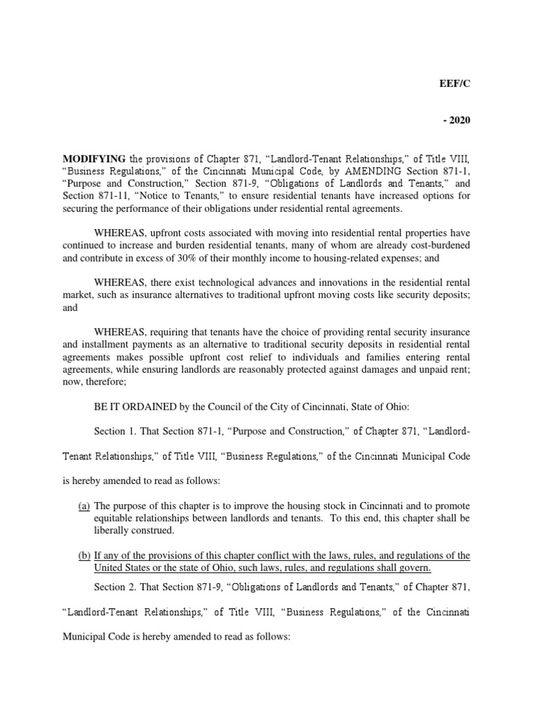 Cincinnati Security Deposit Insurance Law Leasehold