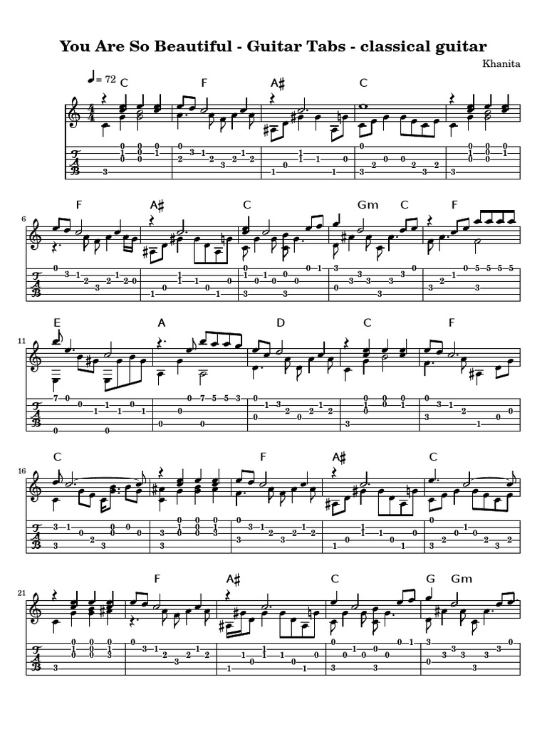 You Are So Beautiful - Guitar Tabs - Classical Guitar | PDF