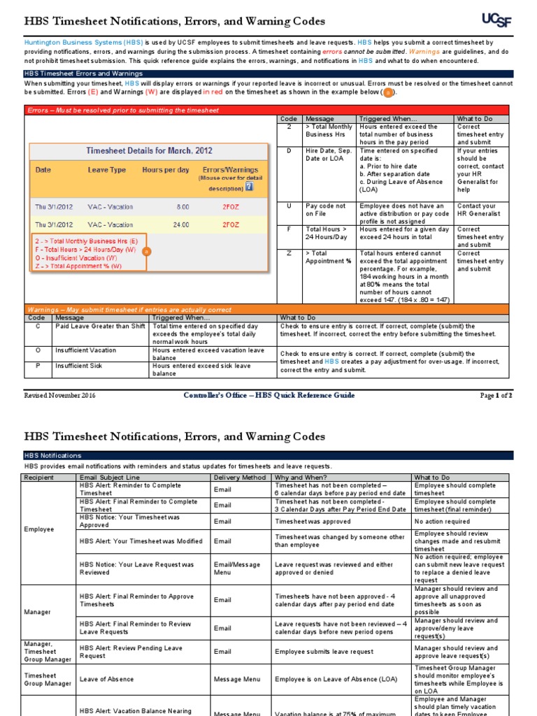 HBS Timesheet Notifications Errors Warnings QRG 20171009 PDF Leave