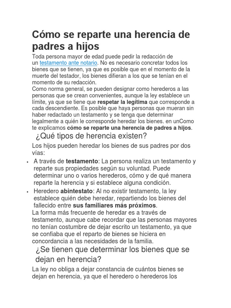 Cómo Se Reparte Una Herencia de Padres A Hijos | PDF | Herencia ...