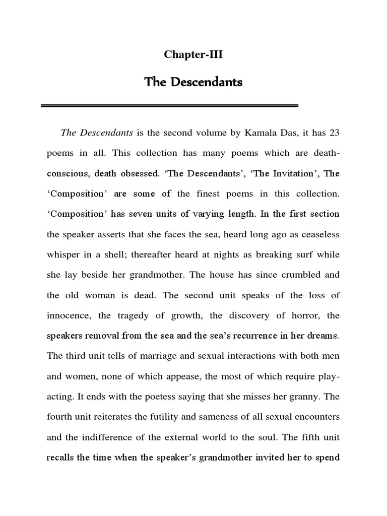 An Analysis of Kamala Das's Poetry Collection 'The Descendants' and its