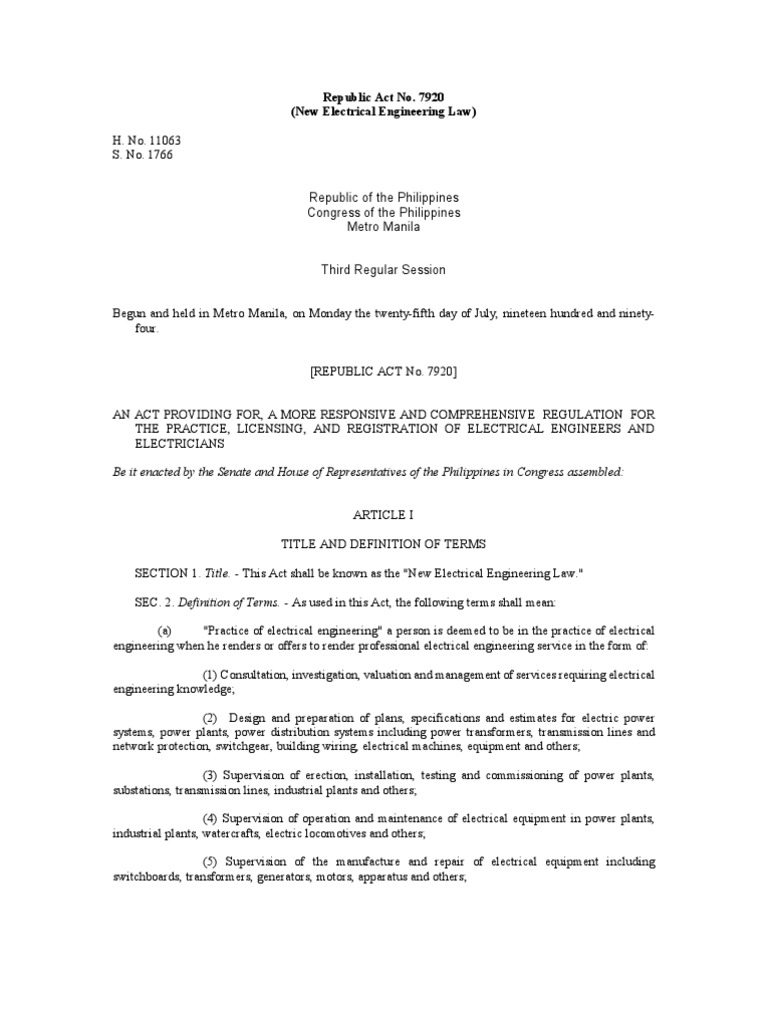 RA 7920: Philippine Electrical Code | PDF | Electrician | Licensure