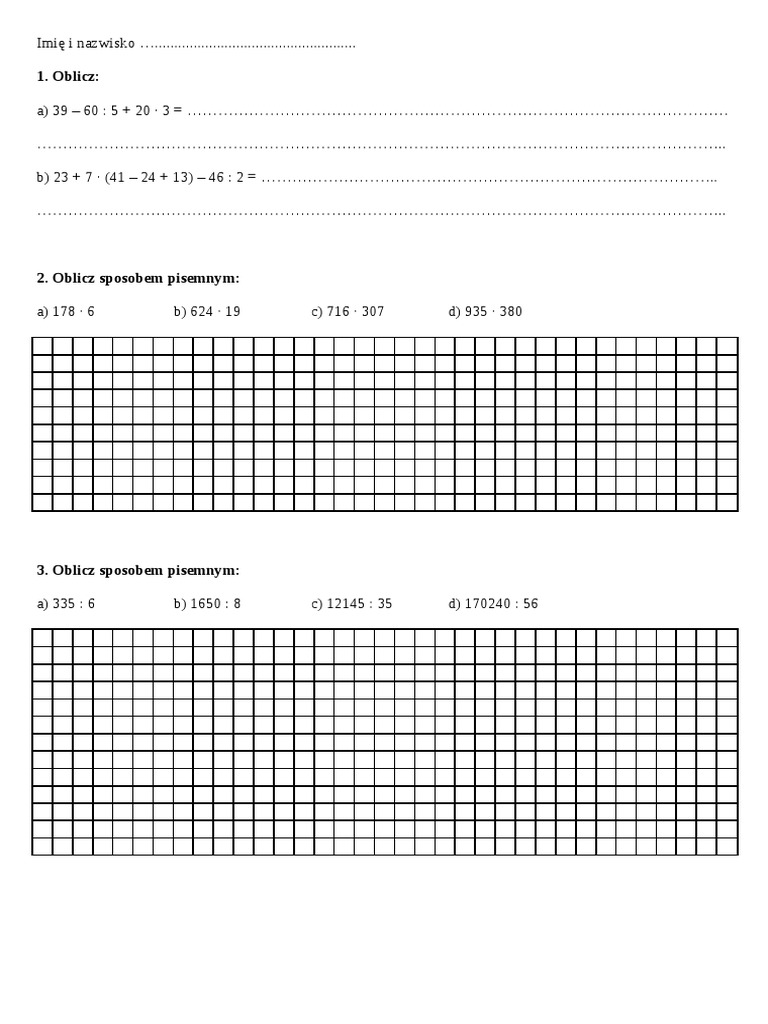 Dzialania Pisemne Klasa 4 Sprawdzian