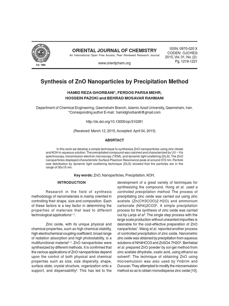 Synthesis of ZnO Nanoparticles by Precipitation Method PDF | PDF | Zinc ...