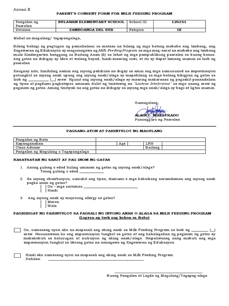 Annex E SBFP Milk Consent Form 1 | PDF