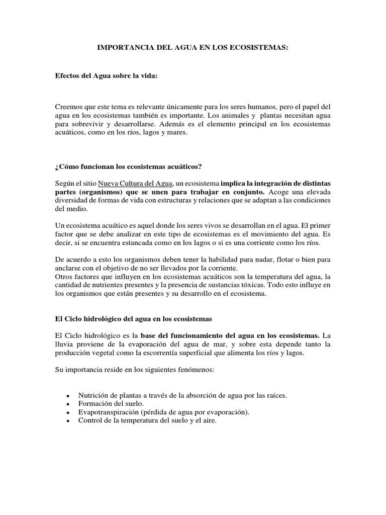 Importancia del Agua en Ecosistemas | PDF | Ecosistema | El ciclo del agua
