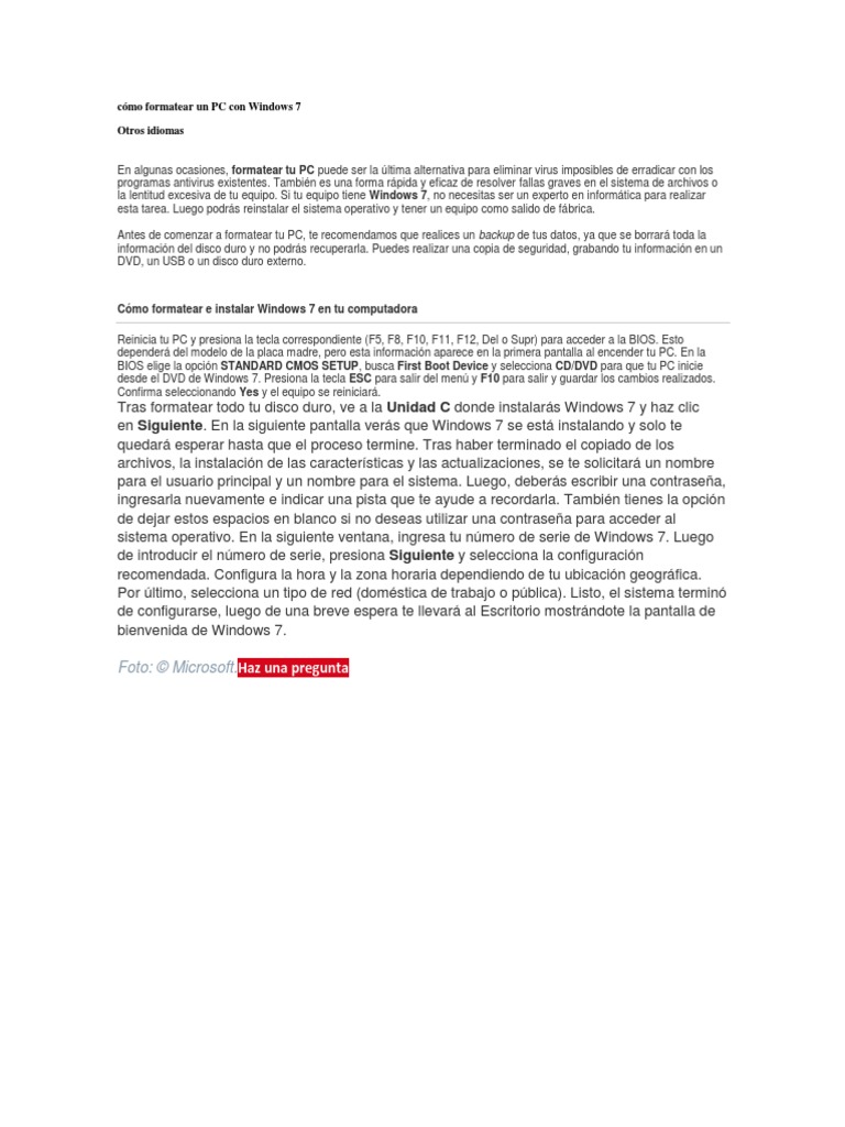 Cómo formatear un PC con Windows 7 | PDF | Windows 7 | Microsoft Windows