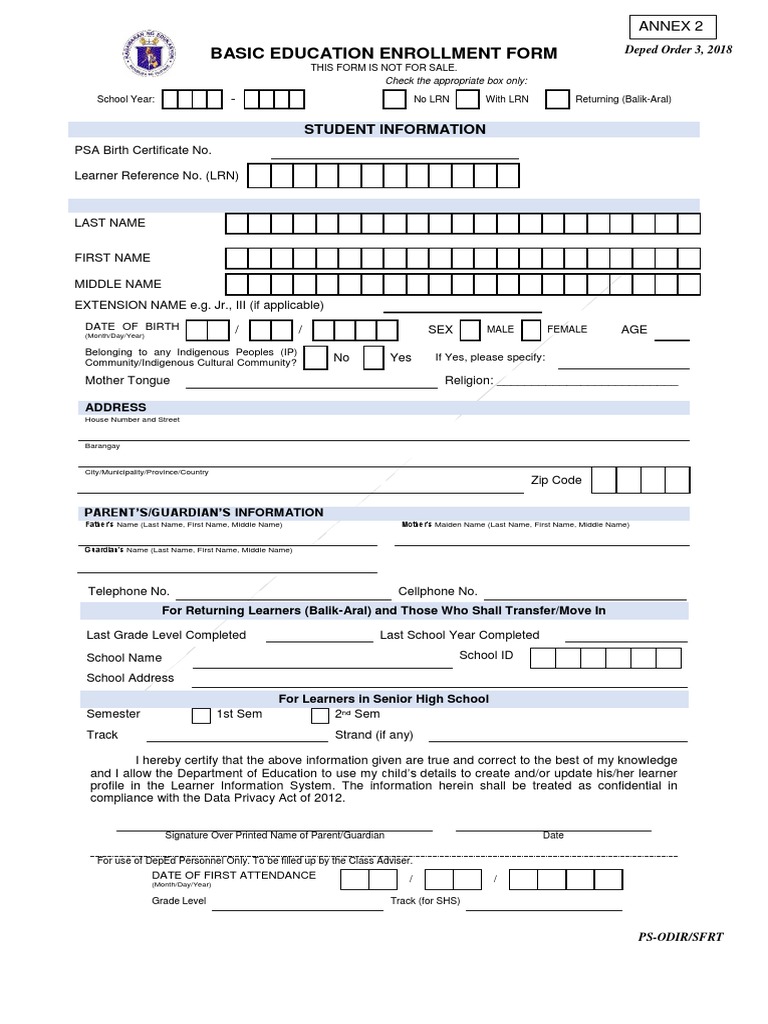 Early Registration Annex 2 Basic Education Enrolment Form DO 3 2018