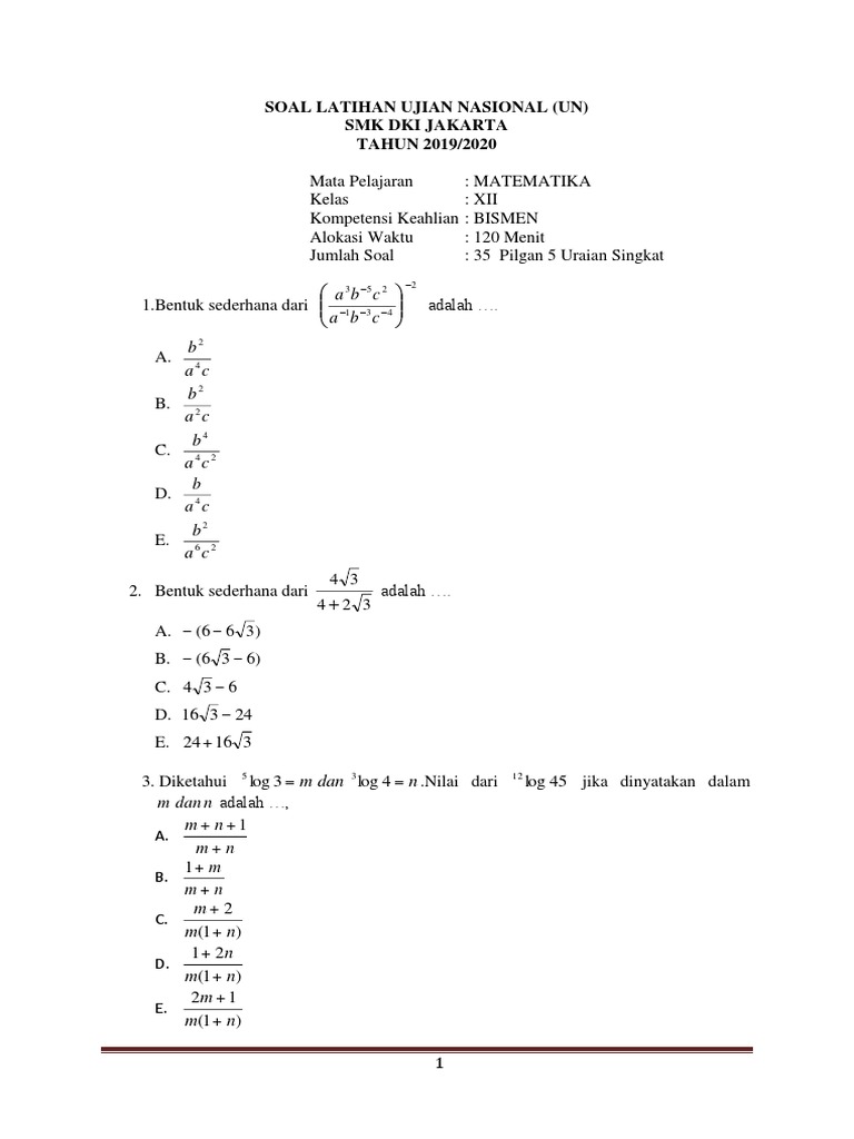 Soal Latihan Tot Matematika Smk Bismen Dki