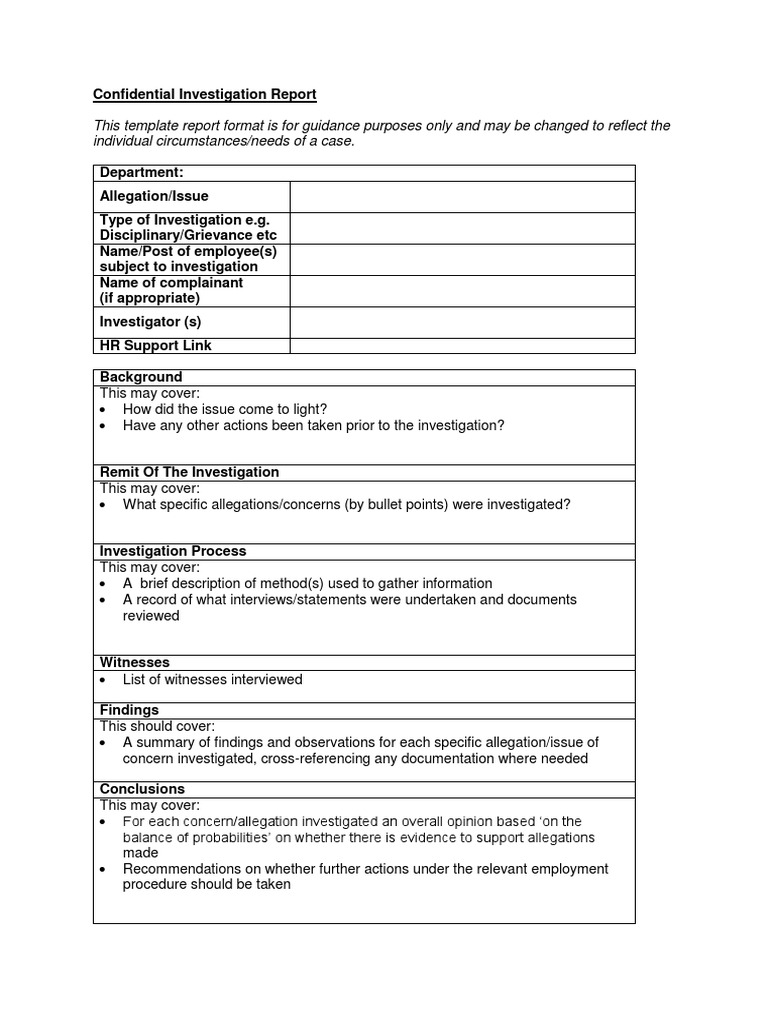 Investigation Report Form For Hr Investigation Report Template