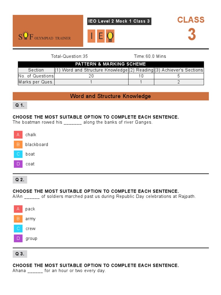 IEO Level 2 Mock Test for Class 3 | PDF | Pack (Canine) | Elephant