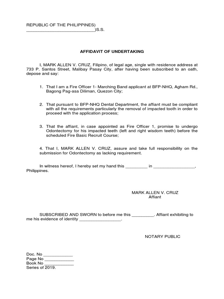 Affidavit of Undertaking for BFP Applicant | PDF