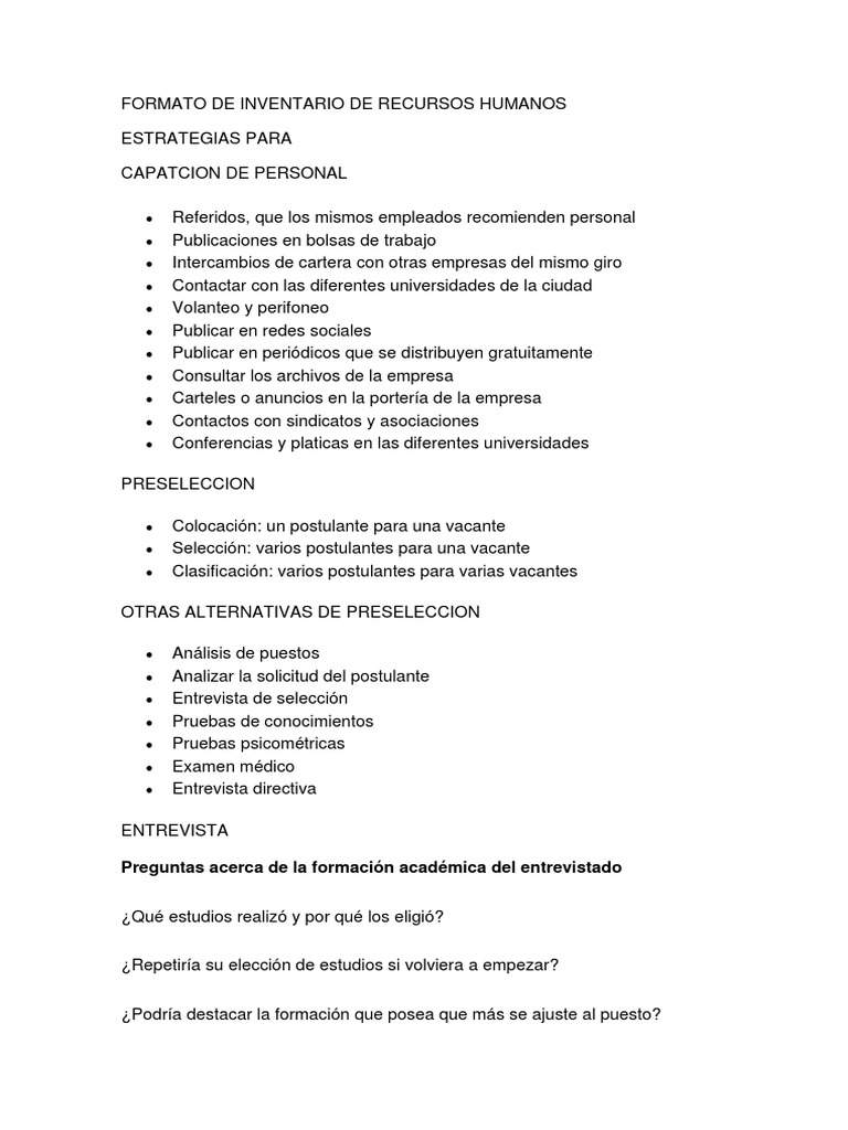 Formato de Inventario de Recursos Humano | PDF | Gestión de recursos