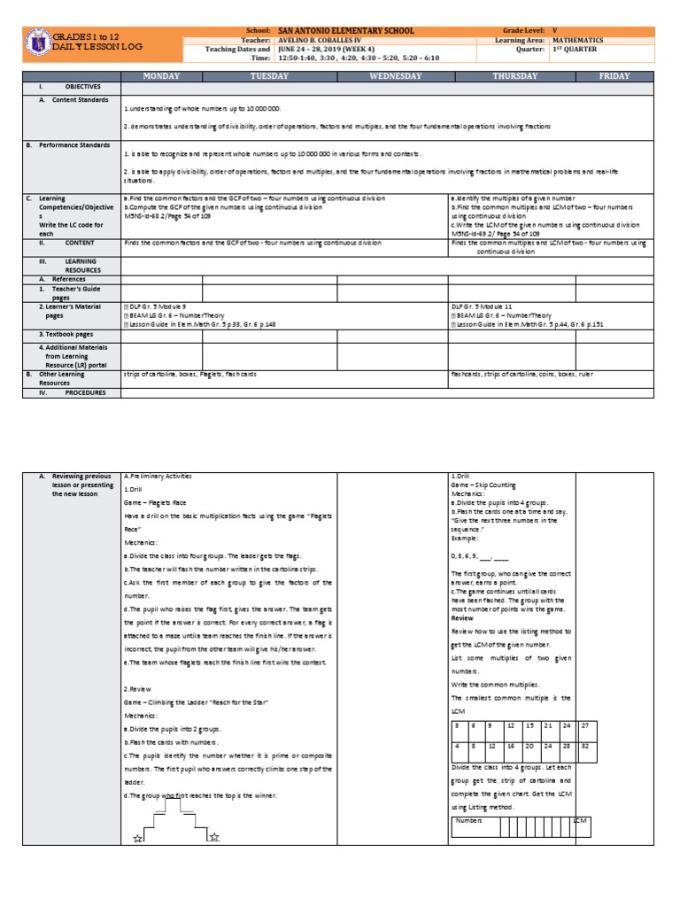 Grade 5 Math Q1 Week 4 Lesson Plan | PDF | Division (Mathematics ...