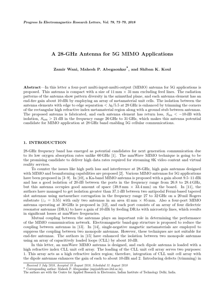 28-GHz MIMO Antenna for 5G Applications | PDF | Antenna (Radio ...