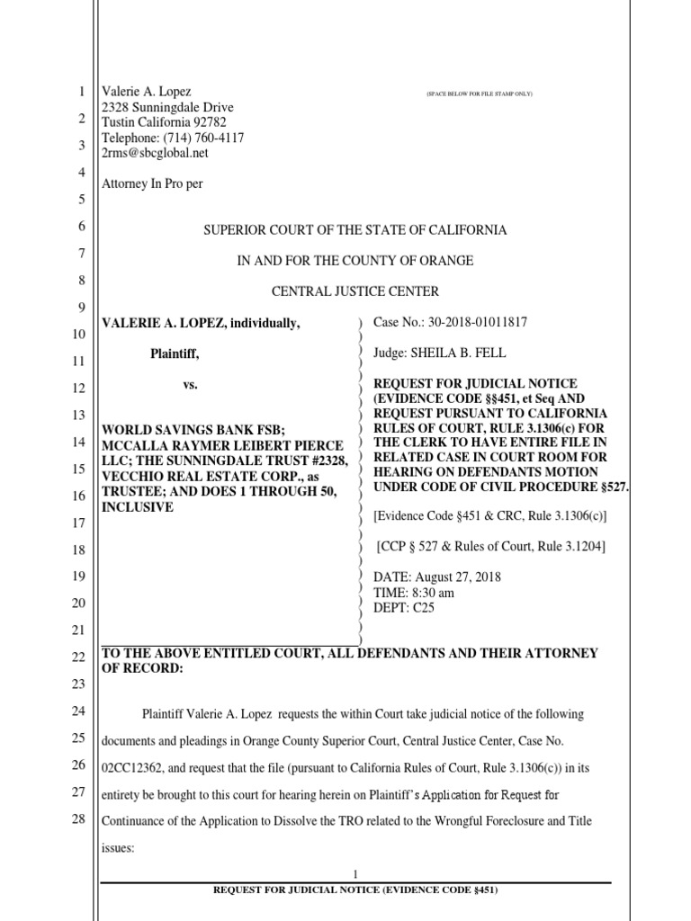 Judicial Notice Request in CA Foreclosure Case | PDF | Mail | United ...