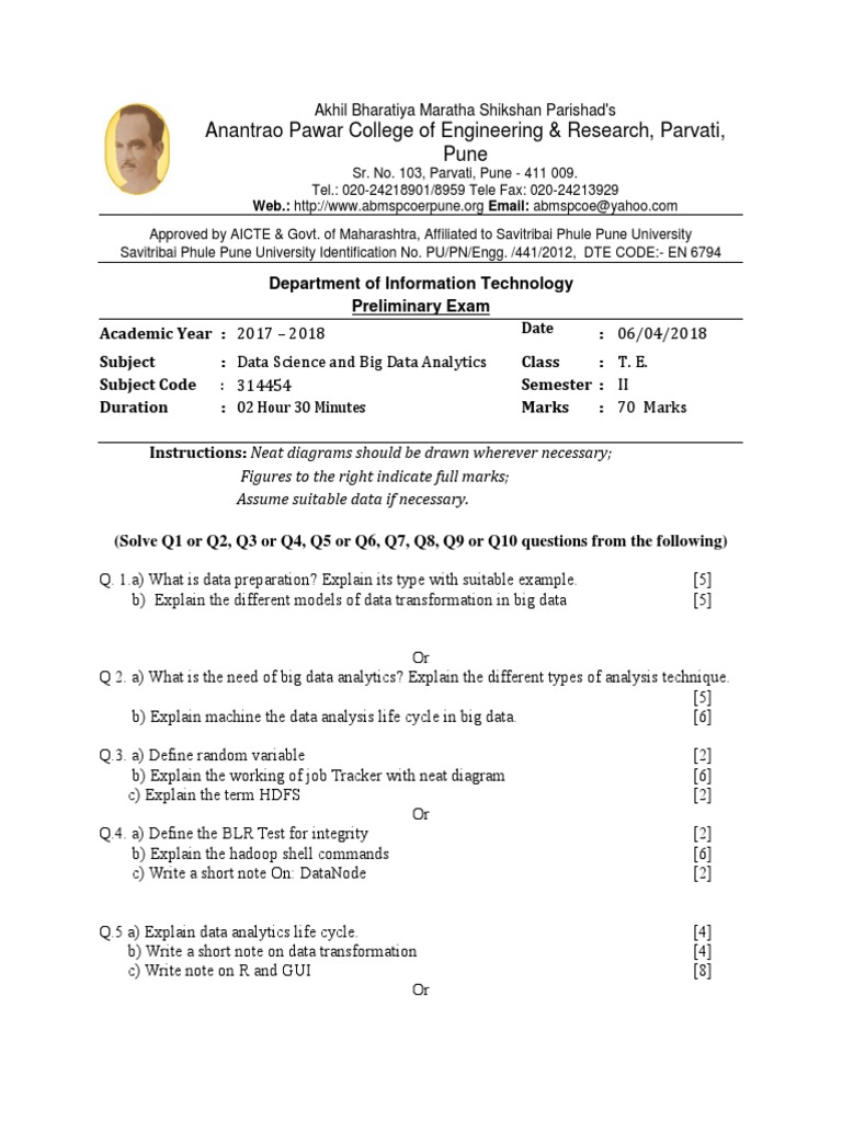 DSBDA Exam Paper 2017-18 | PDF | Analytics | Data Analysis