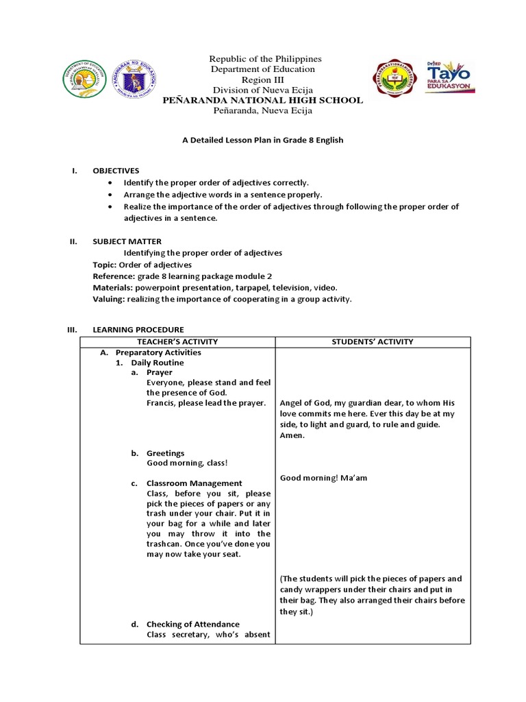 Grade 8 Adjective Order Lesson Plan | PDF | Adjective | Lesson Plan