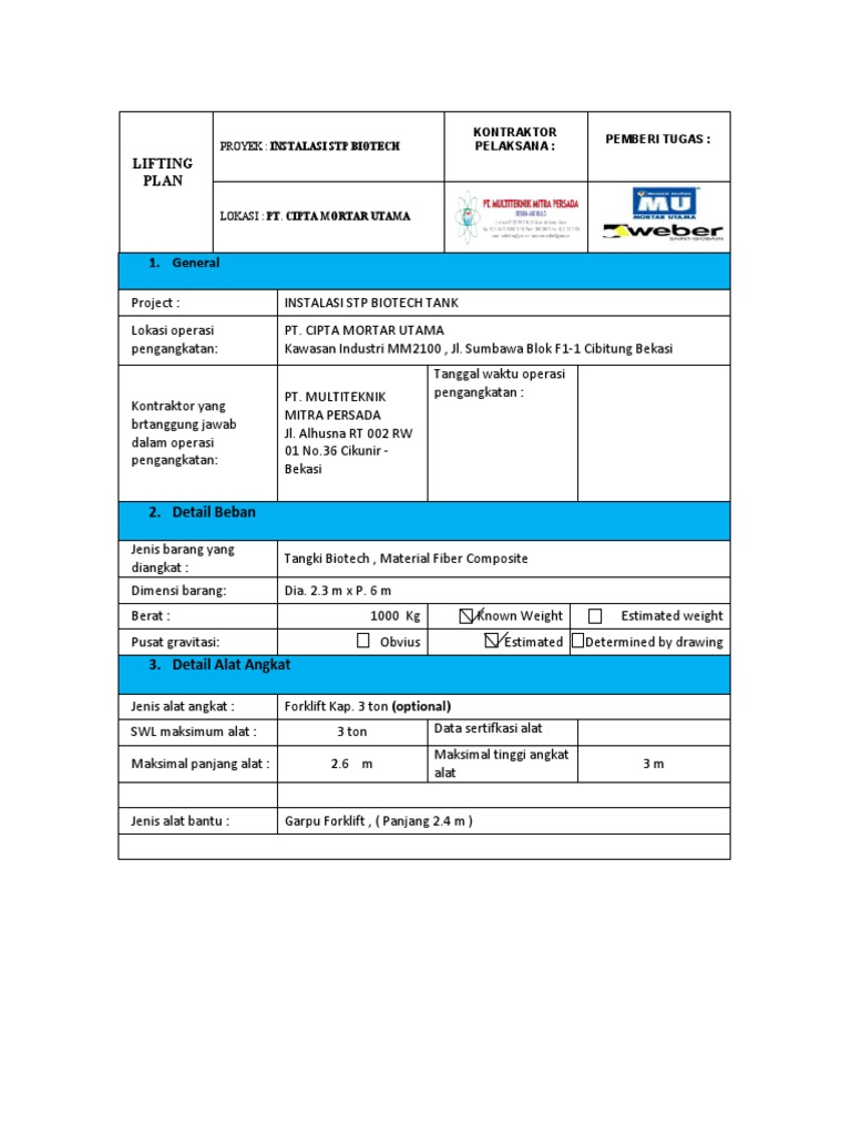 Contoh Lifting Plan Forklift Biotech | PDF