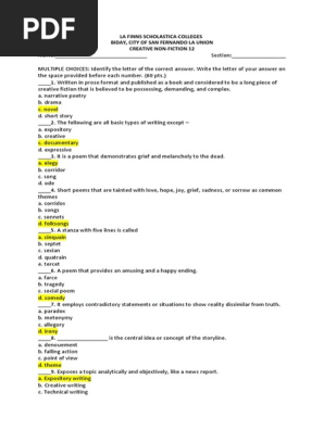 diagnostic test creative nonfiction with answer key