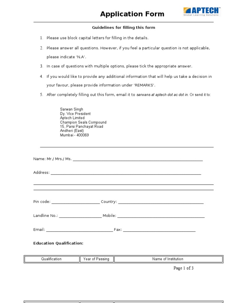 Aptech Application Form Guidelines | PDF | Business