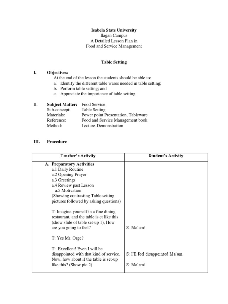 Table setting Lesson Plan Tableware Domestic Implements