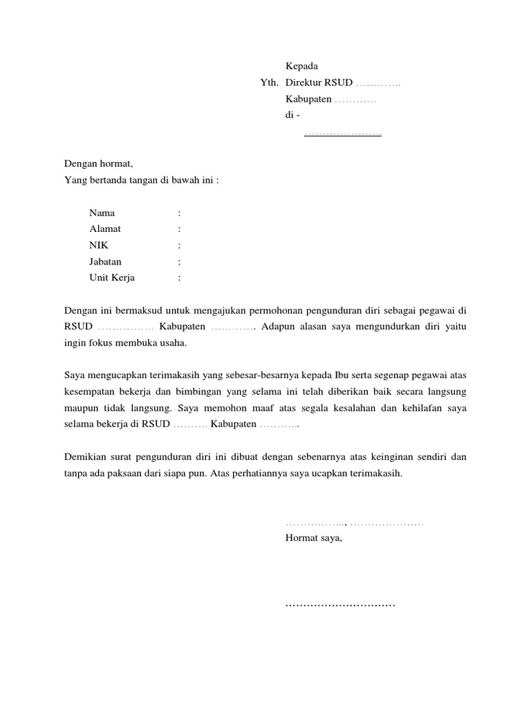 Contoh Surat Pengunduran Diri RSUD | PDF