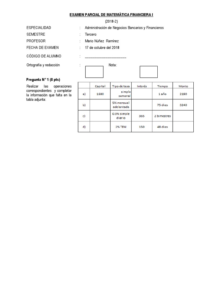 Examen Parcial Matemática Financiera I | PDF | Finanzas y dinero