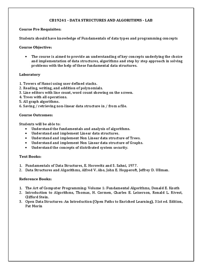 CB19241-CSBS-Data Structures and Algorithms-Lab Syllabus | Download ...