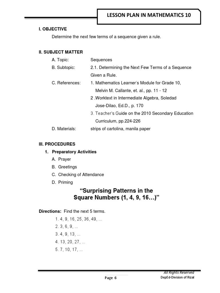 Mathematics 10 Lesson Plan: Sequences | PDF | Behavior Modification ...