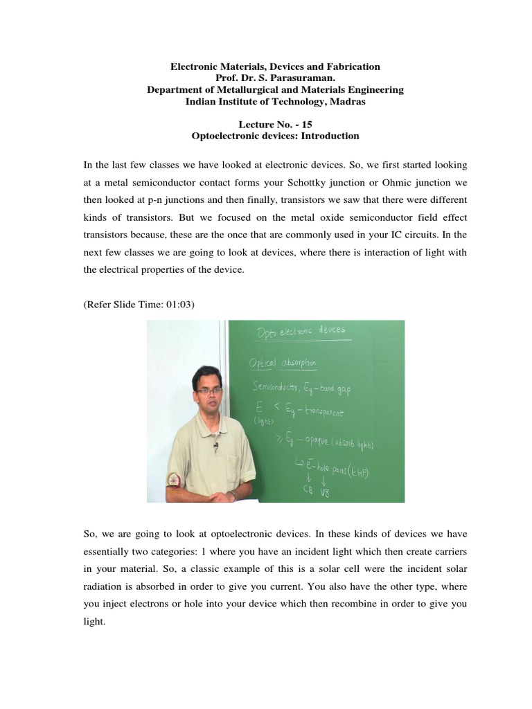 Optoelectronic Devices Introduction Nptel PDF Band Gap