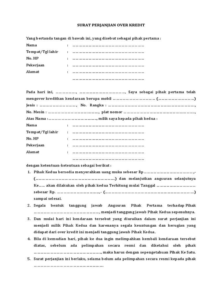 Surat Pernyataan Over Kredit Kendaraan Mobil Pdf