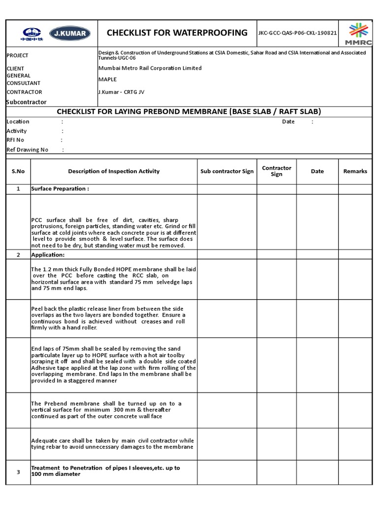 Waterproofing Inspection Checklist | PDF | Civil Engineering | Building ...