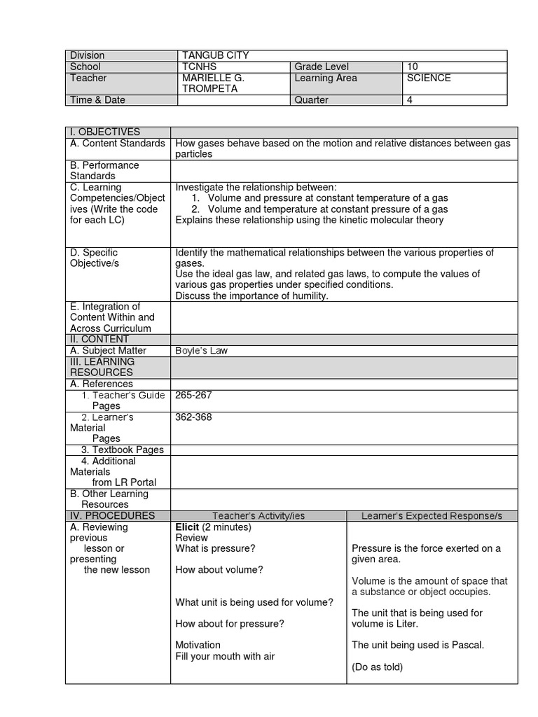 Boyle's Law Lesson Plan for Grade 10 | PDF | Gases | Pressure