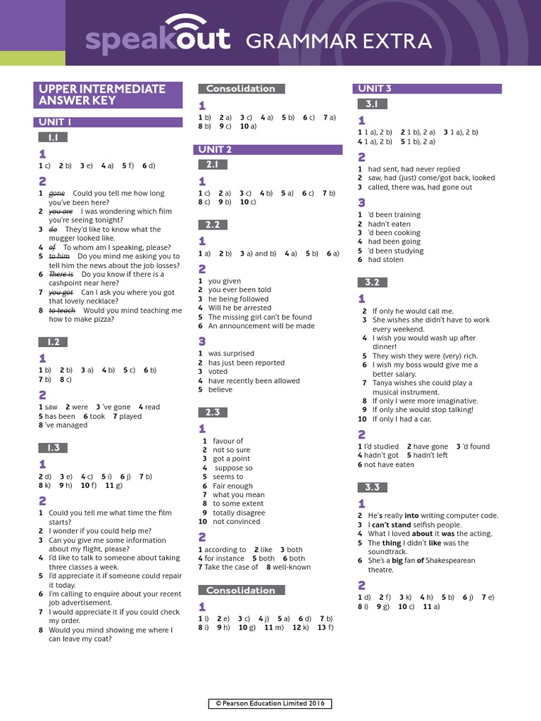 Speakout Upper Intermediate Student Book Answer Key Pdf Speakout Grammar Extra Upper Intermediate Answer Key | PDF