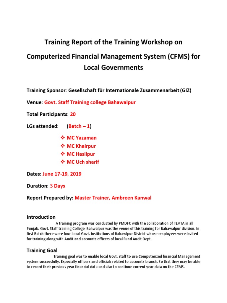 CFMS Training Workshop Report | PDF | Banks | Economies