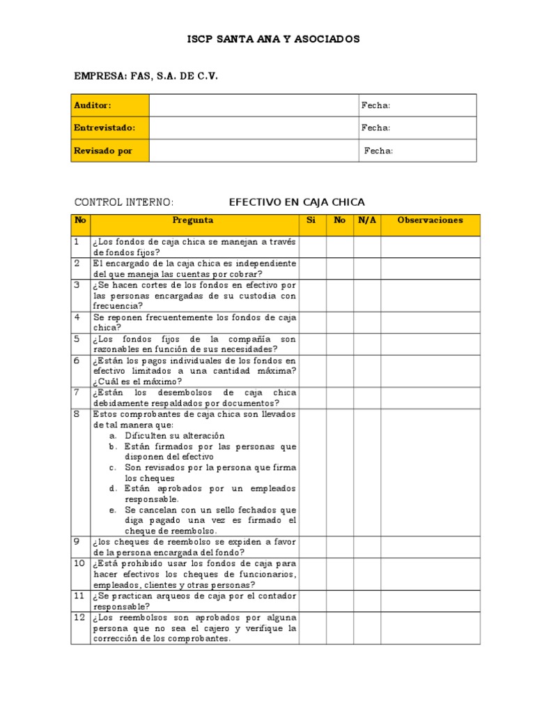 Ejemplo Cuestionario de Control Interno | PDF | Cheque | Bancos