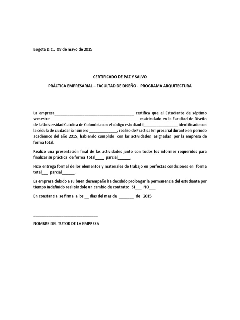 Certificado Paz y Salvo | PDF