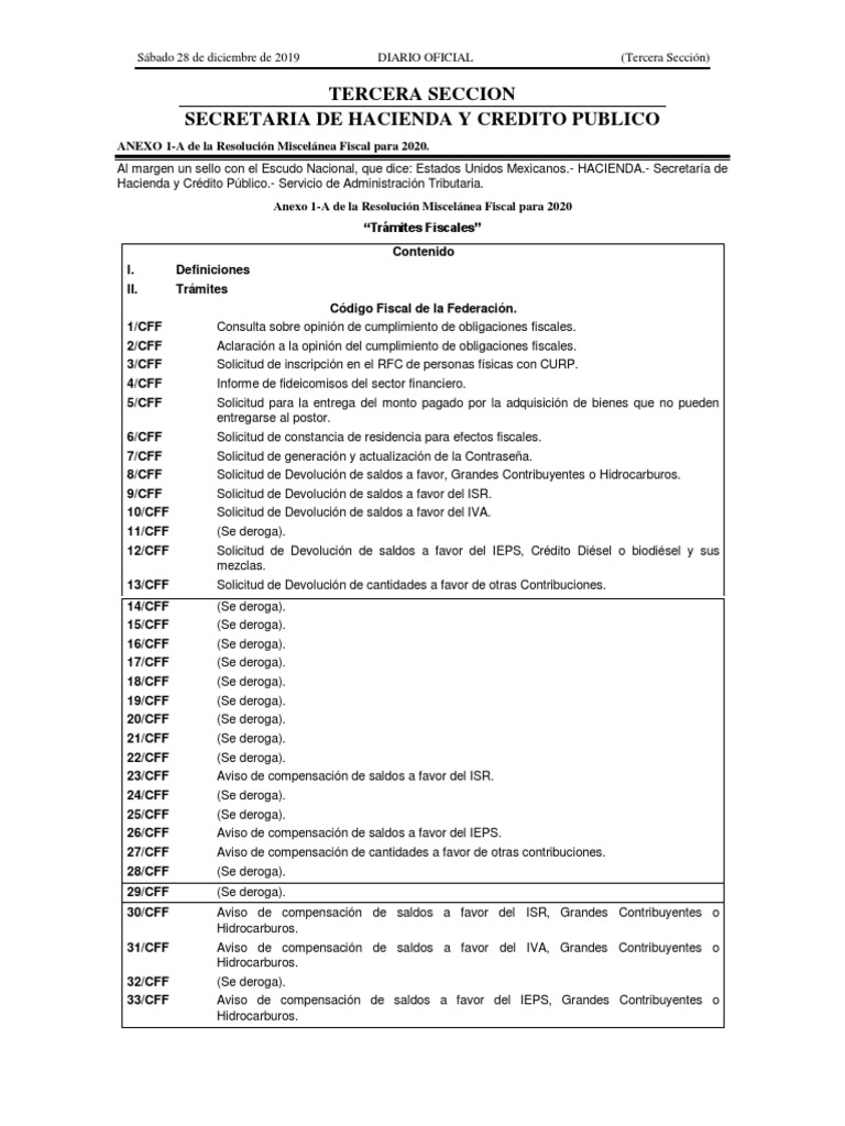 Anexo 1A de La RMF 2020 (DOF 28122019) PDF PDF Impuestos Economias
