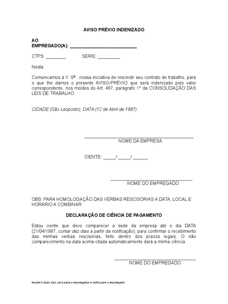 Modelo de Aviso Prévio Indenizado | PDF