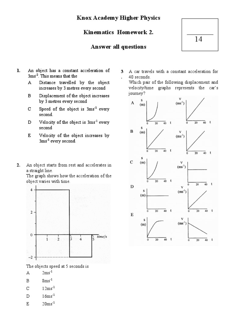 Knox Academy Higher Physics Kinematics Homework 2. Answer All Questions ...