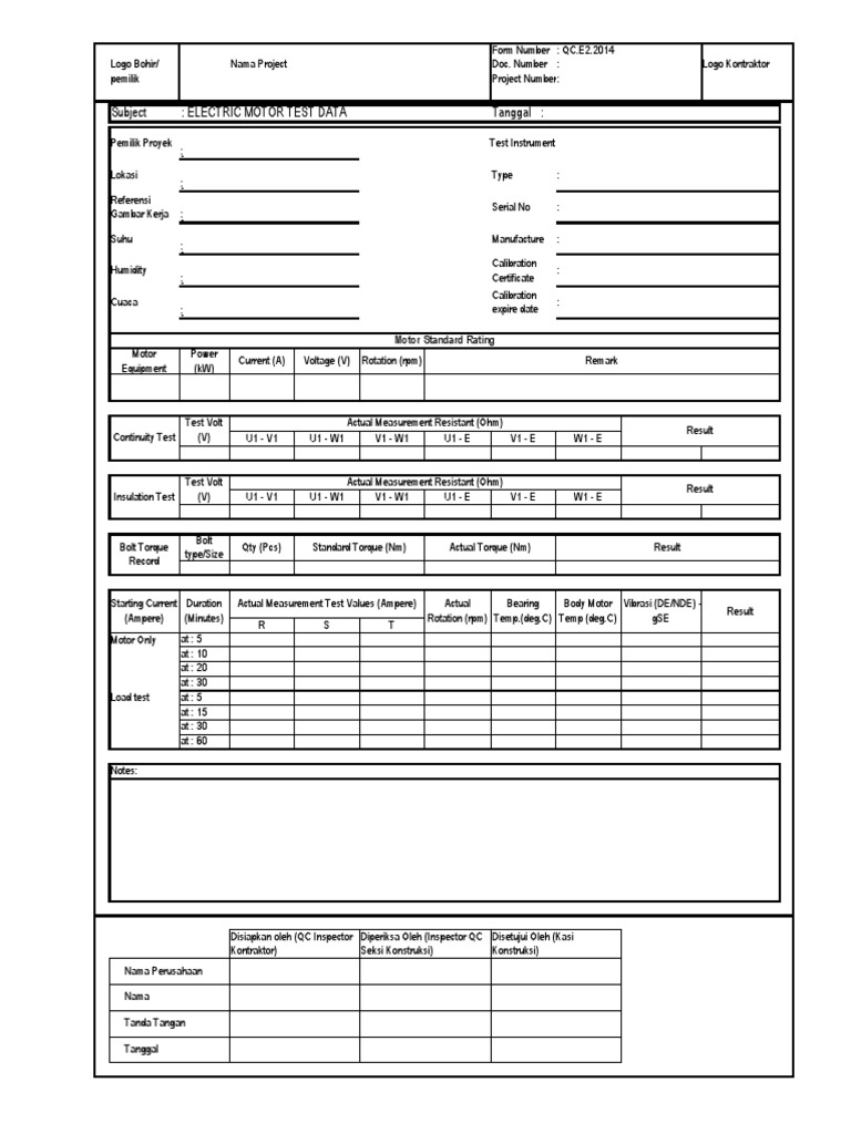 Motor Test Form PDF Volt Electric Motor