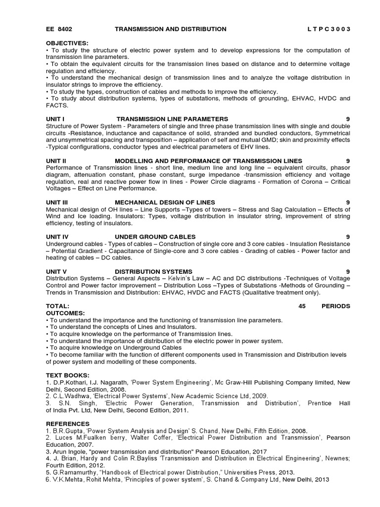 Ee8402 Syllabus PDF Electric Power Transmission Electric Power
