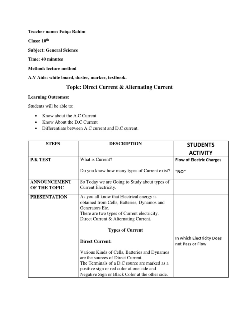 Lesson Plan 2 D C A C Pdf Alternating Current Direct Current